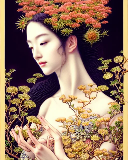 Prompt: portrait of a beautiful goddess of nature, graceful beauty, esoteric, ornamental, nature and floral aesthetics, head in focus, intricate, elegant, highly detailed, painterly, artstation, artistic, concept art, hasselbrad photography, sharp focus, illustrative, art style by chie yoshii