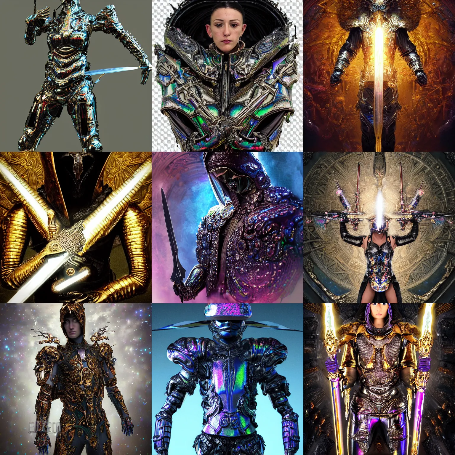 Prompt: Realist highly intricate dark iridescent detailed subtle epic baroque painting of a powerful hooded elite divine regal person omnipotent assassin being wearing body armor and brandishing a precious futuristic cosmic sword of vivid iridescent flame, realistic human face, realistic biomechanical complex torso encrusted in iridescent gleaming 3D render processor microchips, high quality, symmetry, rich style, iridescent smoke behind, crystallic megastructure background, galaxies, universe, artstation, iridescent, badass, galactic deity, dark ominous stealth, surrounded by rainbow dust specks, depth of field, vibrant, aetherpunk, award winning on artstation, artwork by artgerm