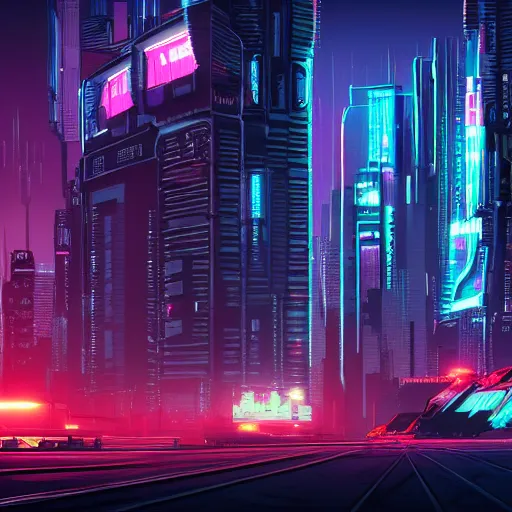 Image similar to cyberpunk landscape, cars, city, synth style