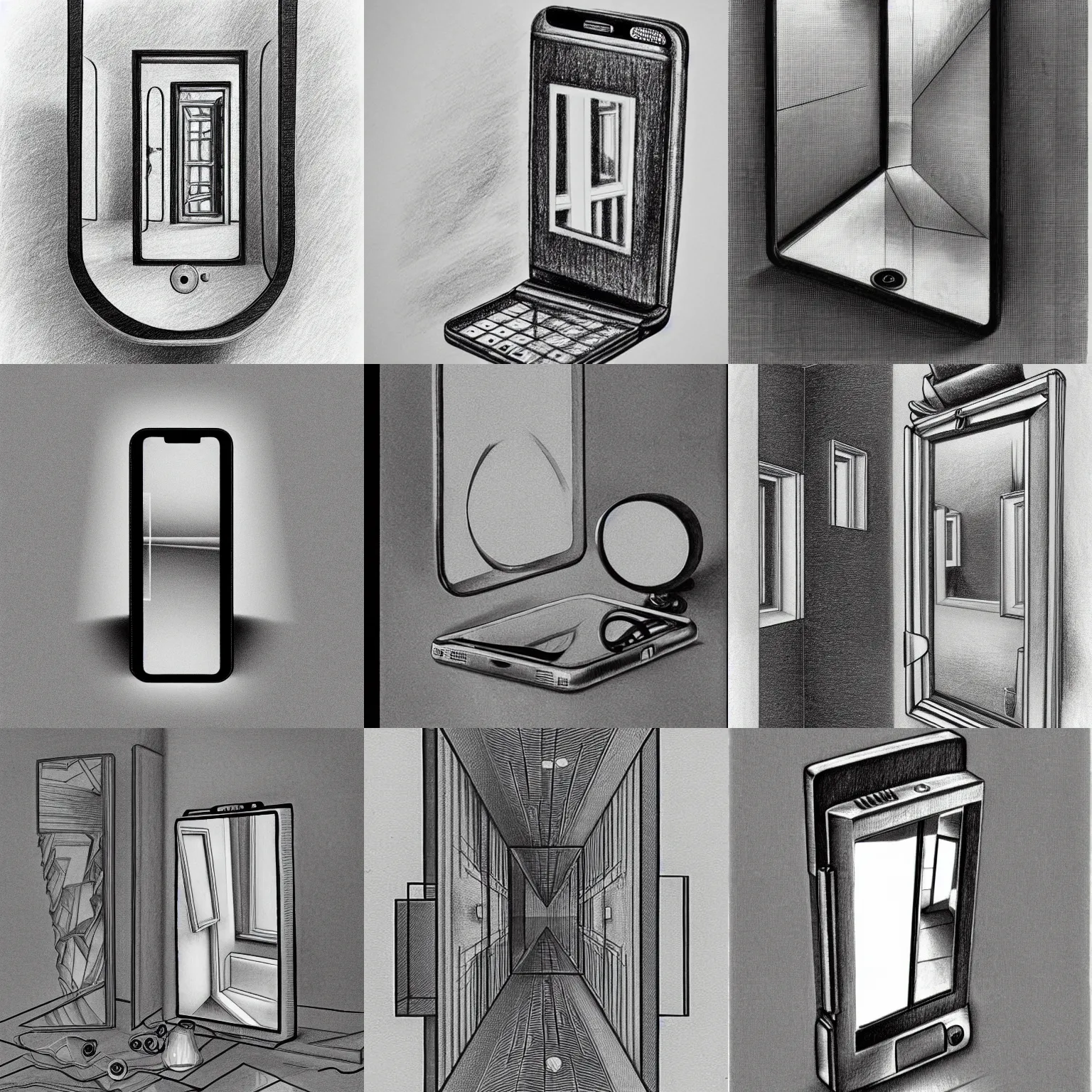 Prompt: pencil drawing of a smart phone inside of a mirror, the phone screen contains a mirror, the mirror contains a phone screen, infinite recursion, pencil art, in the style of m. c. escher, clean, detailed