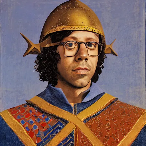 Prompt: portrait of Richard Ayoade as a medieval Byzantine exarch, by Angus McBride, Gentile Bellini, Piero della Francesca, and Annie Leibovitz. HD face portrait.