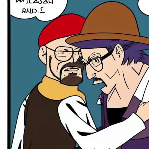 Prompt: Michael Ehrmantraut hugging walter white from behind wrestling breaking bad in one piece anime style