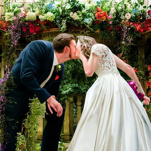 Prompt: the groom kisses the bride at a wedding full of flowers, bright and happy, art, highly detail, 4 k realistic, wedding photo, louise dahl - wolfe, andrea kowch, sophie anderson, lilia alvarado