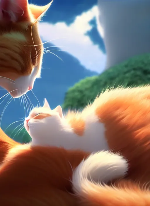 Image similar to a wholesome animation key shot of a ginger and white cat sleeping, close up, studio ghibli, pixar and disney animation, sharp, rendered in unreal engine 5, clear sky, anime key art by greg rutkowski, bloom, dramatic lighting