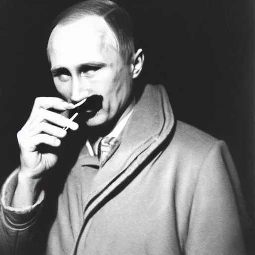 Prompt: retro photograph of a Putin smoking a cigarette in Japan at night, Kodak film photo