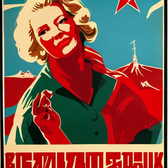 Image similar to soviet propaganda poster with cate blanchett calling on the world community to fight against Nazism, Ultra Detailed, high resolution, soviet realism