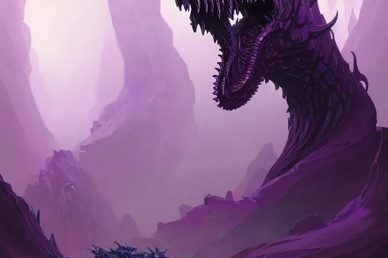 Image similar to concept art, view from afar of a crystal hydra, d & d creature, by greg rutkowski and alphonse mucha, gradient black to purple, monoliths in a dark forest background, highly detailed, digital painting, artstation, concept art, smooth, sharp focus illustration, artstation hq