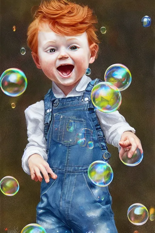 Prompt: a little boy with ginger hair wearing denim overalls chasing bubbles. clean elegant painting, beautiful detailed face, lots of bubbles. by artgerm and greg rutkowski