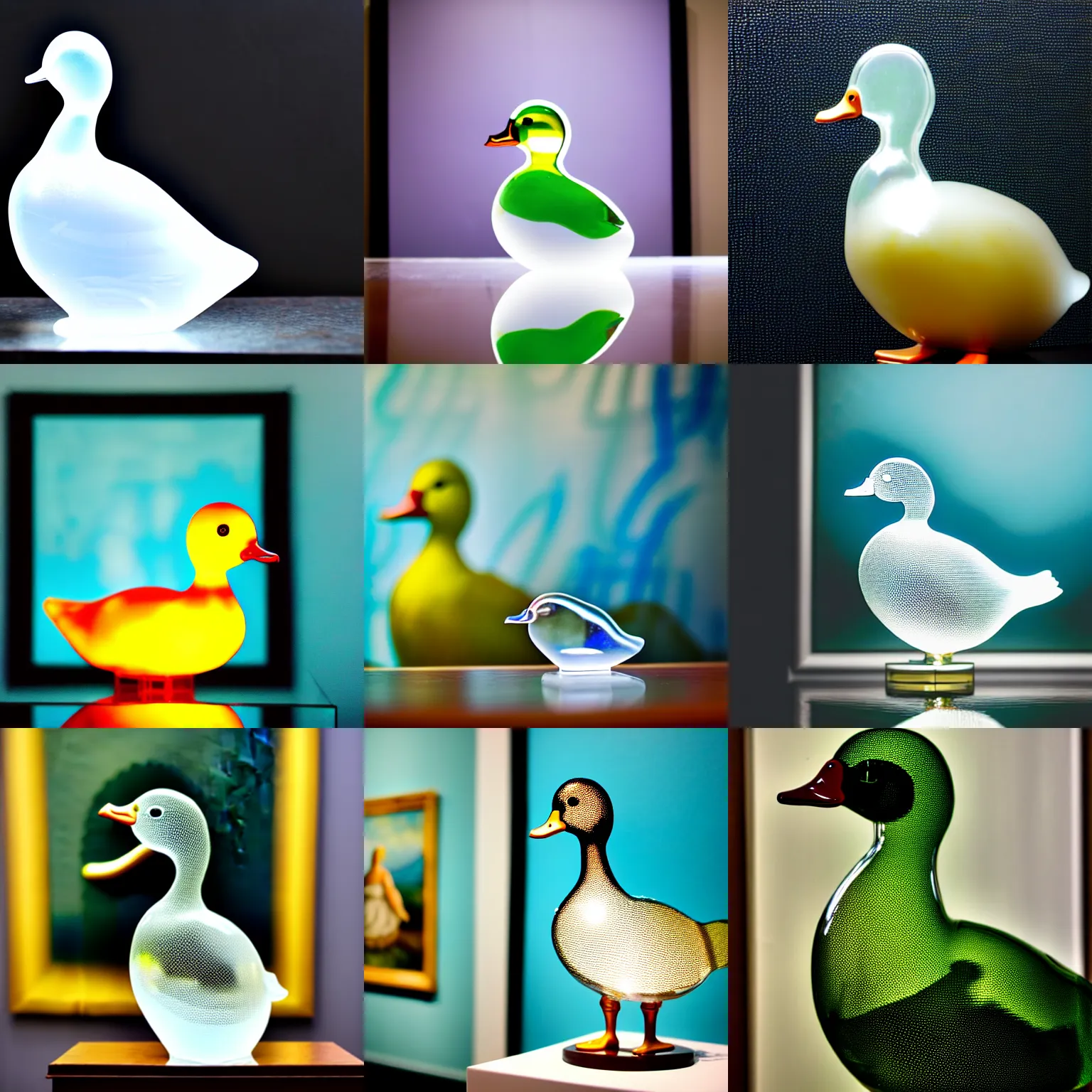 Prompt: a close up art photo of a [ transparent clear art glass duck in front of a painting ] [ not opaque ] [ clear duck ]