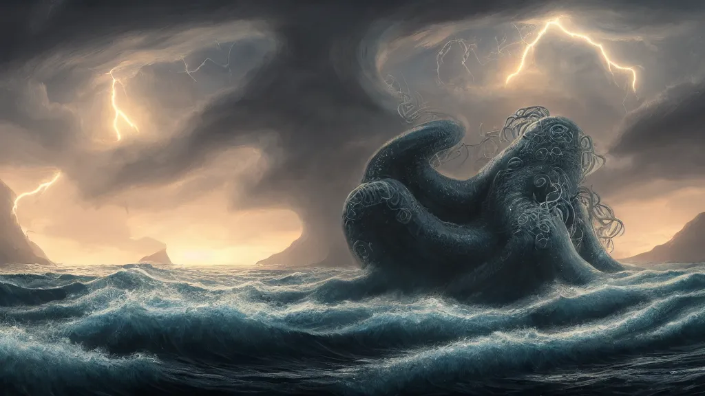 Prompt: a fantasy book landscape of a massive kraken, small boat, giant waves, lightning in the background, soft digital painting, highly detailed, artstation, sharp focus, illustration, concept art, oil painting, 4 k