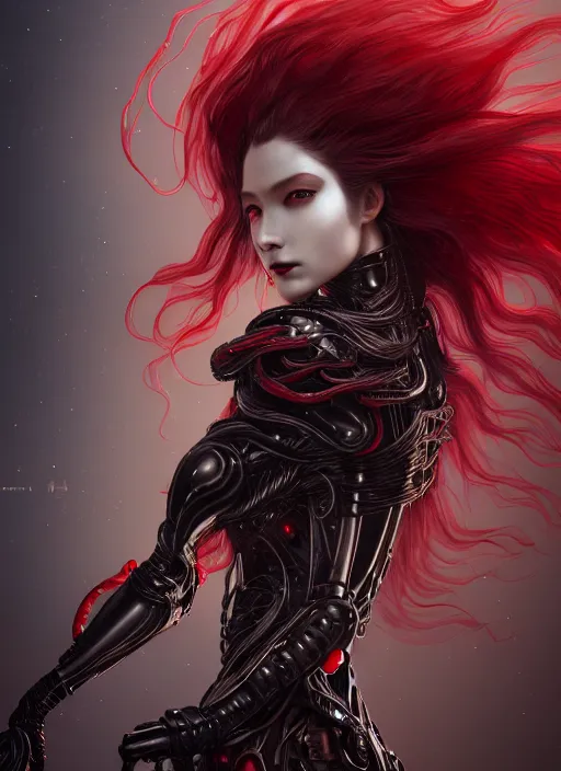 Image similar to a photorealistic detailed image of a beautiful stoic vampire in sci - fi bionic armor with flowing hair, black and red only, intricate, elegant, highly detailed, digital painting, artstation, concept art, smooth, sharp focus, illustration, art by hana yata, artem demura, alphonse mucha, octane render, unreal engine, 8 k