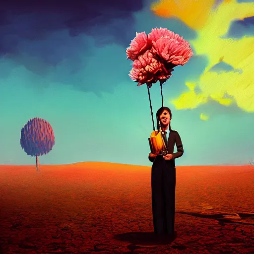 Image similar to giant carnation flower head girl, suit, desert, surreal photography, sunrise, dramatic light, impressionist painting, digital painting, artstation, simon stalenhag