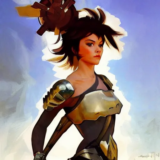 Prompt: greg manchess painting of tracer wearing a knight armor, medium shot, organic painting, sunny day, bold shapes, hard edges, street art, trending on artstation, by huang guangjian and gil elvgren and sachin teng and artgerm and greg rutkowski and alphonse mucha