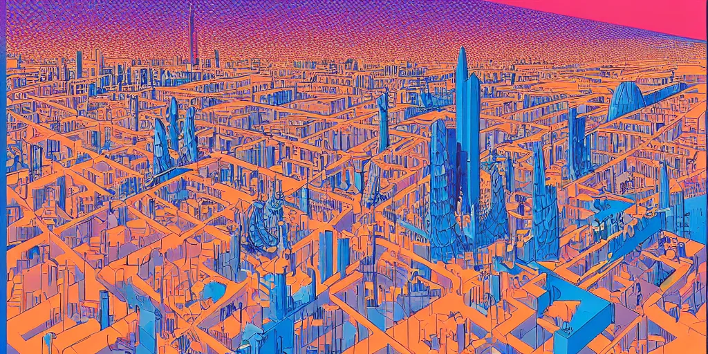 Prompt: illustration of barcelona cityscape at water by moebius, jean giraud & kilian eng