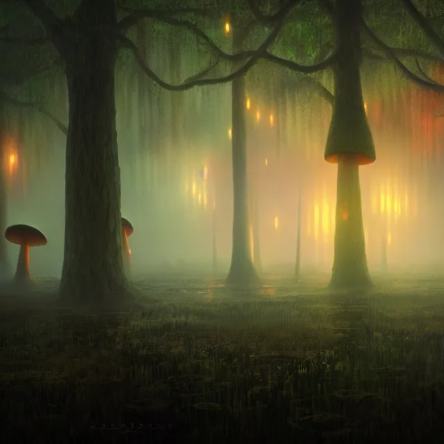 Prompt: a misty swamp with giant mushrooms, at night, beautiful lighting, mystical colors, octane, 4 k, trending on artstation