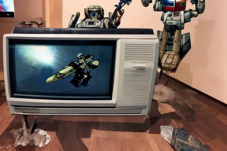 Image similar to old photo of an old retro Trinitron TV showing gundam fighting a Zaku-II with an axe, in the dark living room, lights off, 90s nostalgia, wide view, fish eye lens, vhs , scanlines, 8k, hd, high resolution