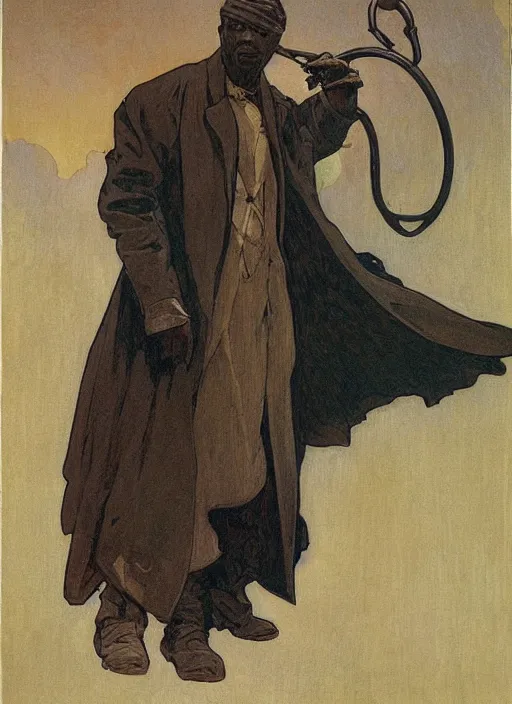 Image similar to black man in a trench coat with a long hook for a hand hovering over a corpse by mucha and rutkowski