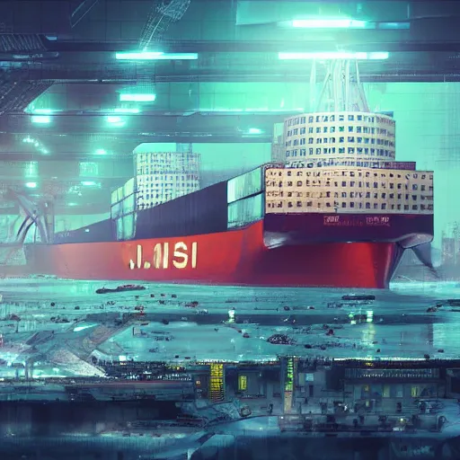 Image similar to photo of Immense industrial futuristic cargo ship arrives at cyber punk city sea port, cinematic lighting, photo