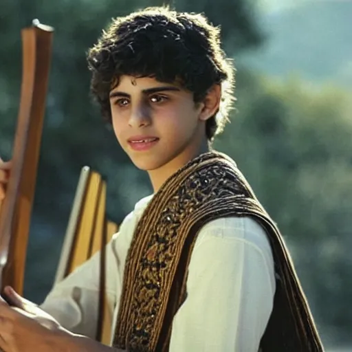 Image similar to handsome 17 year old middle-eastern skinned boy in a Biblical outfit playing an ancient harp, lyre. Tranquil, cinematic lighting, directed by Steven Spielberg