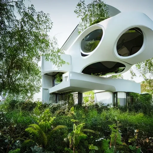 Image similar to futuristic house white covered in plants, hanging vines, motorcycle