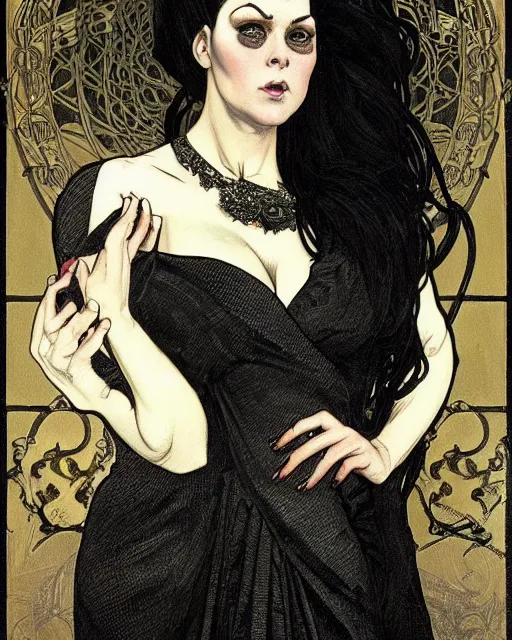 Image similar to portrait of evil a tall 4 0 - year - old woman with thin lips, heavy - lidded eyes, a strong jaw and long, thick shining black hair, thick eyebrows and long eyelashes, wearing in black clothes, hyper realistic face, beautiful eyes, fantasy art, in the style of greg rutkowski, intricate, alphonse mucha, hyper detailed, smooth