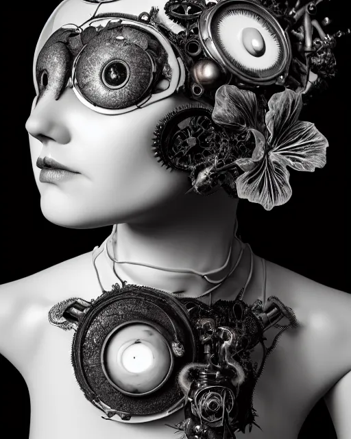 Image similar to black and white dreamy foggy smoky profile face portrait, one silver steampunk eye biomechanical beautiful young female cyclope - cyborg - robot bust, body ribs meshes,, volumetric light, hibiscus flowers, by hg giger, rim light, by dora maar and cecile beaton, big gothic fashion pearl embroidered collar, 8 k