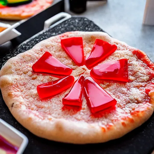 Prompt: high resolution photo of gummy pizza, michelin star, very tasty, food photography, instagram, trending