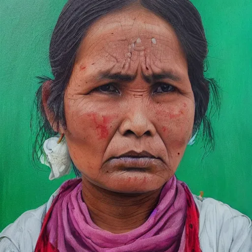 Image similar to a nepali woman wearing a white shawl, sad, bloody, oil painting