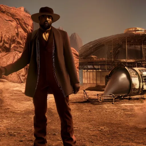 Image similar to Kanye West as willy wonka in fallout new vegas, splash art, movie still, cinematic lighting, dramatic, octane render, long lens, shallow depth of field, bokeh, anamorphic lens flare, 8k, hyper detailed, 35mm film grain