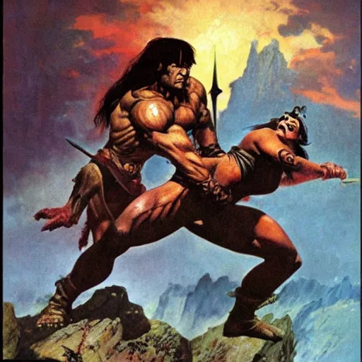 Image similar to Conan the barbarian rescuing damsel in distress by Frank Frazetta