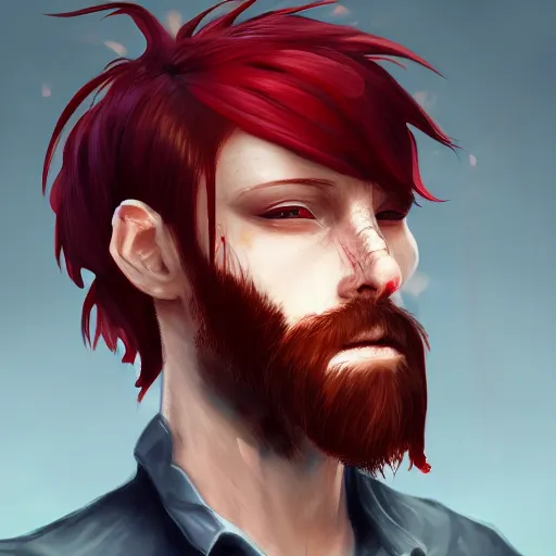 Prompt: portrait, 30 years old man :: fantasy :: red hair ponytail :: left burn scars :: high detail, digital art, RPG, concept art, illustration, Deviantart