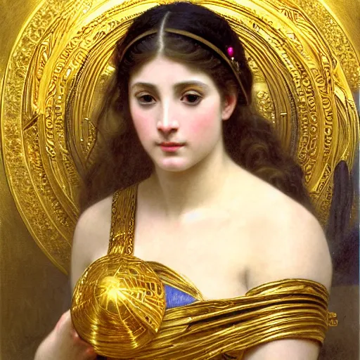 Image similar to painting portrait of Athena goddess, ancient greek culture, intricate, elegant, digital painting, smooth, sharp focus, shiny gold, realistic gold, realistic metal, by William-Adolphe Bouguereau and Gustav Klimt,