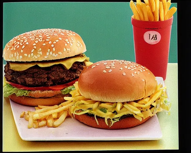 Prompt: 1970's cookbook color photograph of a big Mac with side of fries sharp detail high detail