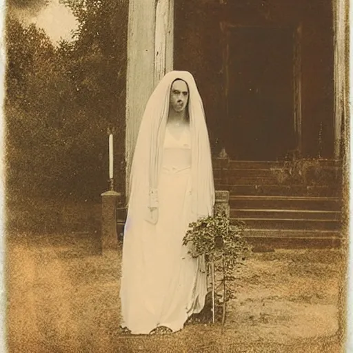 Image similar to picture of ghostly bride in front of an old wooden white church, 1 9 th century southern gothic scene, made by chausheva, katia