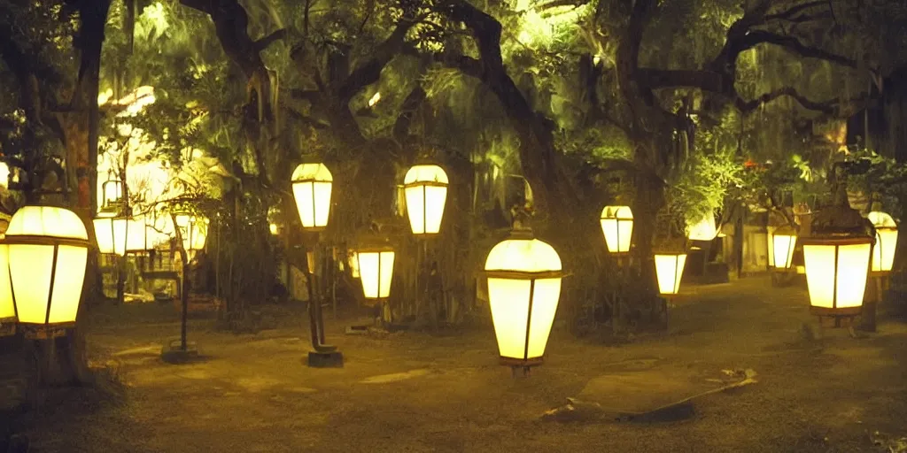 Prompt: “Japanese Mosque, lantern lights, midnight, savannah”