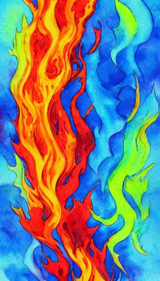 Image similar to water color painting of fire and water mixing together, conveying a sense of balance inspired by the Temperance tarot card, smooth brush strokes