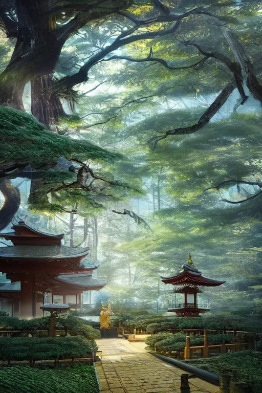 Image similar to Japanese Buddhist temple in the middle of a forest of bonsai and bamboo, powerfull, intricate, elegant, volumetric lighting, digital painting, highly detailed, artstation, sharp focus, illustration, concept art, ruan jia, steve mccurry