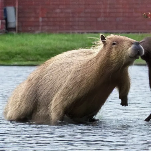 Prompt: a huge capybara fighting Godzilla in Philadelphia