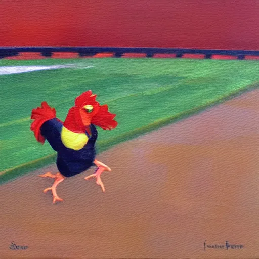 Image similar to the famous funky chicken runs across a football field, interrupting the big game, oil painting