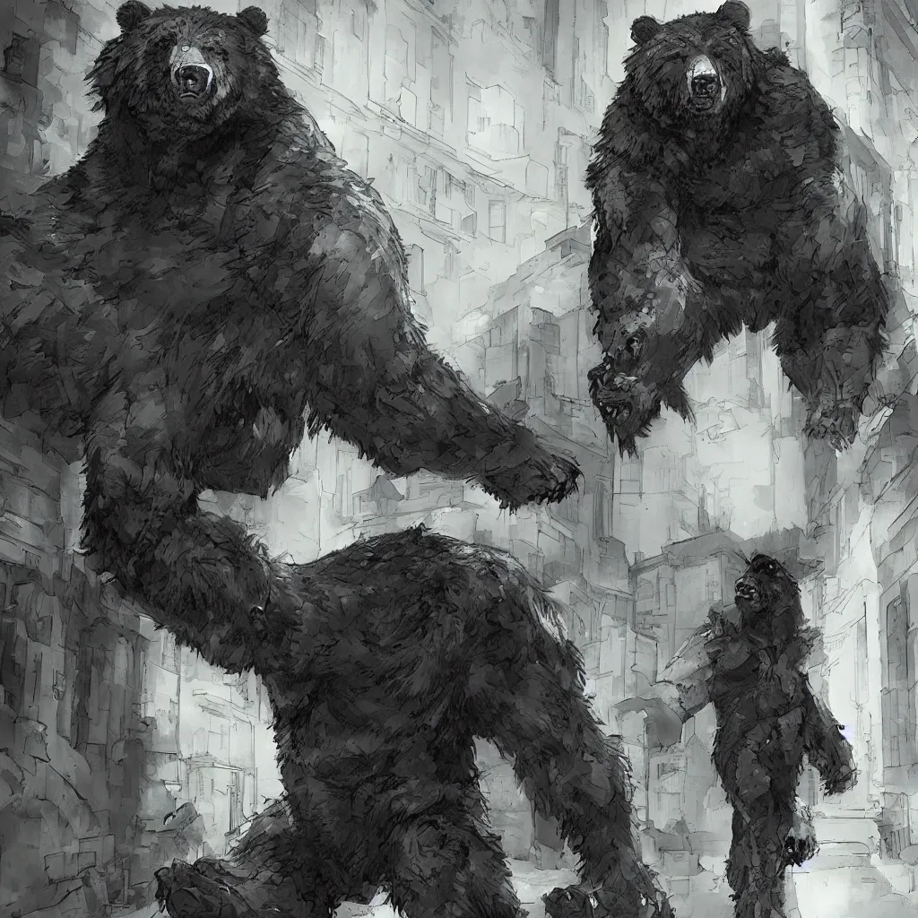 Image similar to large werebear in an alley, in the style of yoji shinkawa