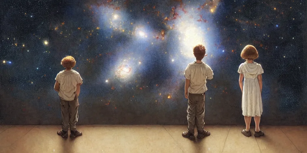 Image similar to a 5 year old boy and 1 2 year old girl looking at a wall and viewing the universe full of galaxies, imagination, part by norman rockwell, part by greg rutkowski, part by mattias adolfsson, high angle, ( ( ( ( volumetric lighting ) ) ) ), oil on canvas