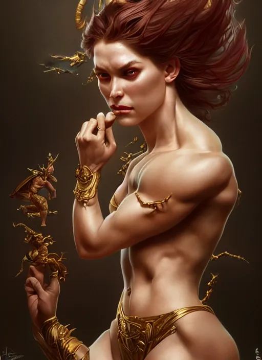 Prompt: muscular goddess dancer of the underworld, severe expression, crooked nose, shiny, intricate, elegant, highly detailed, ultra definition, digital painting, artstation, vray, concept art, smooth, high speed photography, illustration, art by artgerm and greg rutkowski and alphonse mucha and james jean