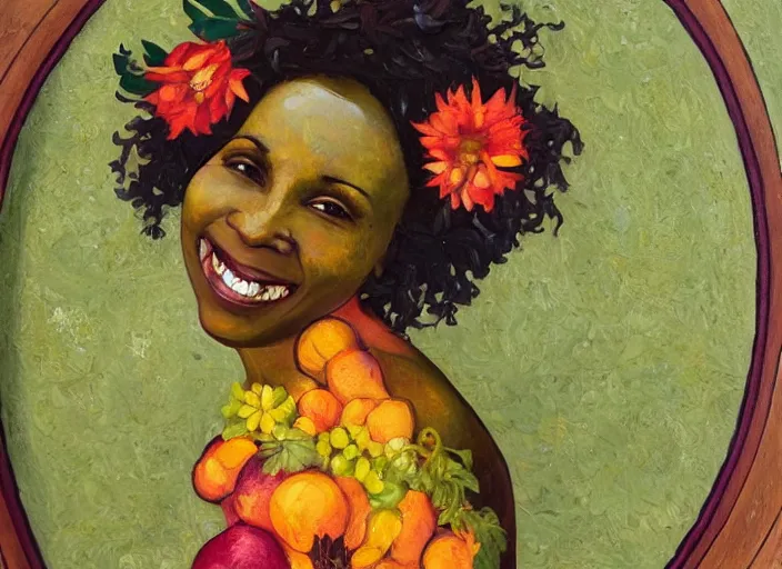 Prompt: an art nouveau oil painting of a beautiful, smiling black woman entirely made from vegetables, flowers and fruits, within a circle