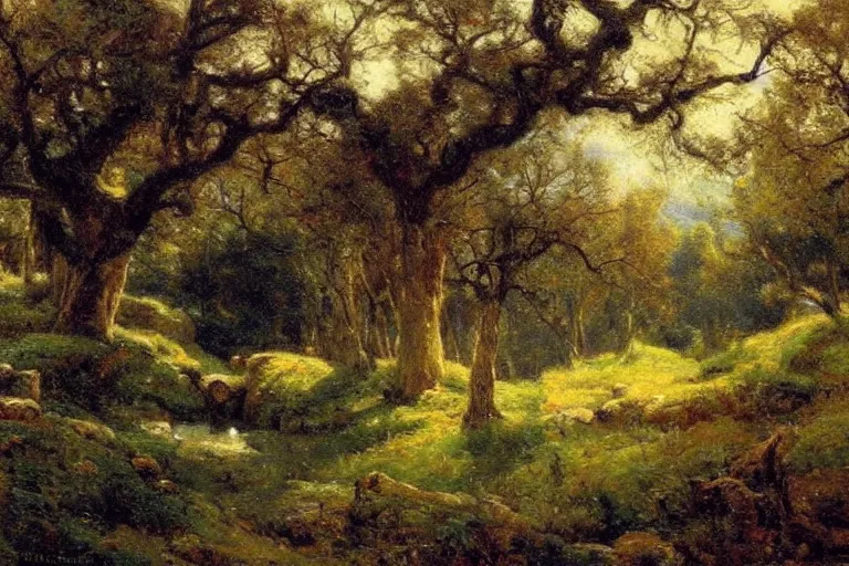 Image similar to masterpiece painting of oak trees on a hillside overlooking a creek, dramatic lighting, by gaston bussiere