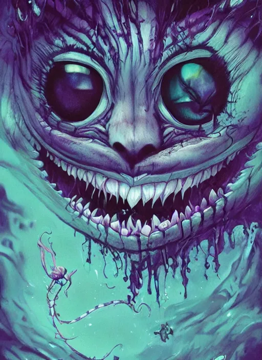 Image similar to cheshire cat, matrix, highly detailed, cinematic, 8 k, by megan duncanson, benjamin lacombe, adrian borda, stanley artgermm, tom bagshaw, craig mullins, carne griffiths, ayami kojima, beksinski, giger, trending on deviantart, hyper detailed, horror, full of colour