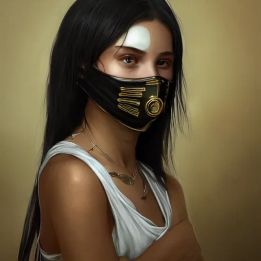 Image similar to 1 5 year old white girl with a white shirt that has one shoulder visible, wears black sports shorts and a golden mask on her face, intricate, highly detailed, digital painting, artstation, concept art, smooth, sharp focus, illustration, unreal engine 5, 8 k, art by artgerm and greg rutkowski and alphonse mucha