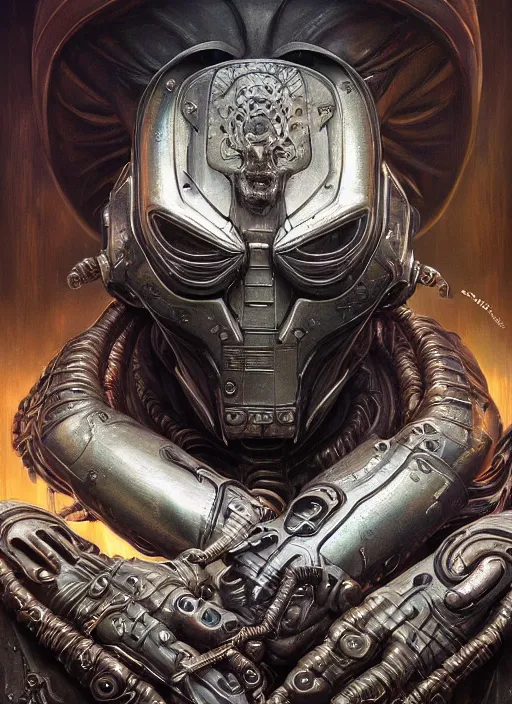 Image similar to cybernetic cyberpunk mf doom reptile eyes, metal skin. intricate, elegant, highly detailed, centered, digital painting, artstation, concept art, smooth, sharp focus, illustration, artgerm, tomasz alen kopera, peter mohrbacher, donato giancola, joseph christian leyendecker, wlop, frank frazetta