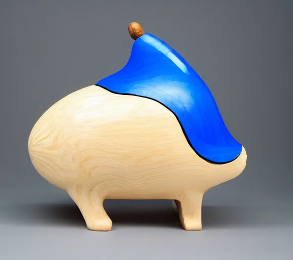 Prompt: a stylised minimalist pear shaped sculpture of hippo baby, bottom made half wood carved, top half blue translucid resin epoxy, cubic blocks stripes, side view profile centered, studio, white background