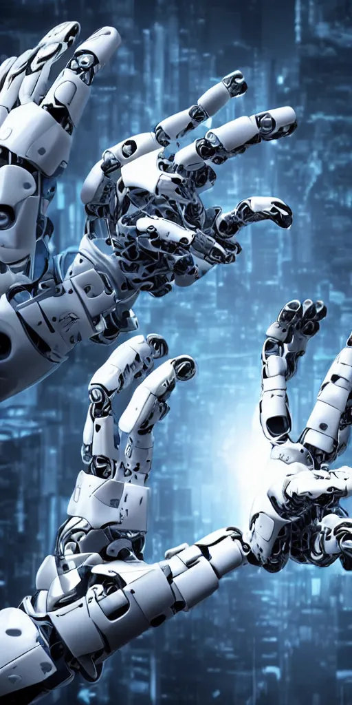 Image similar to ai taking control over humanity and the world, dramatic, big robotic hands ripping apart humanity