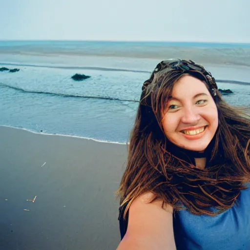 Prompt: selfie on the coast, 35mm